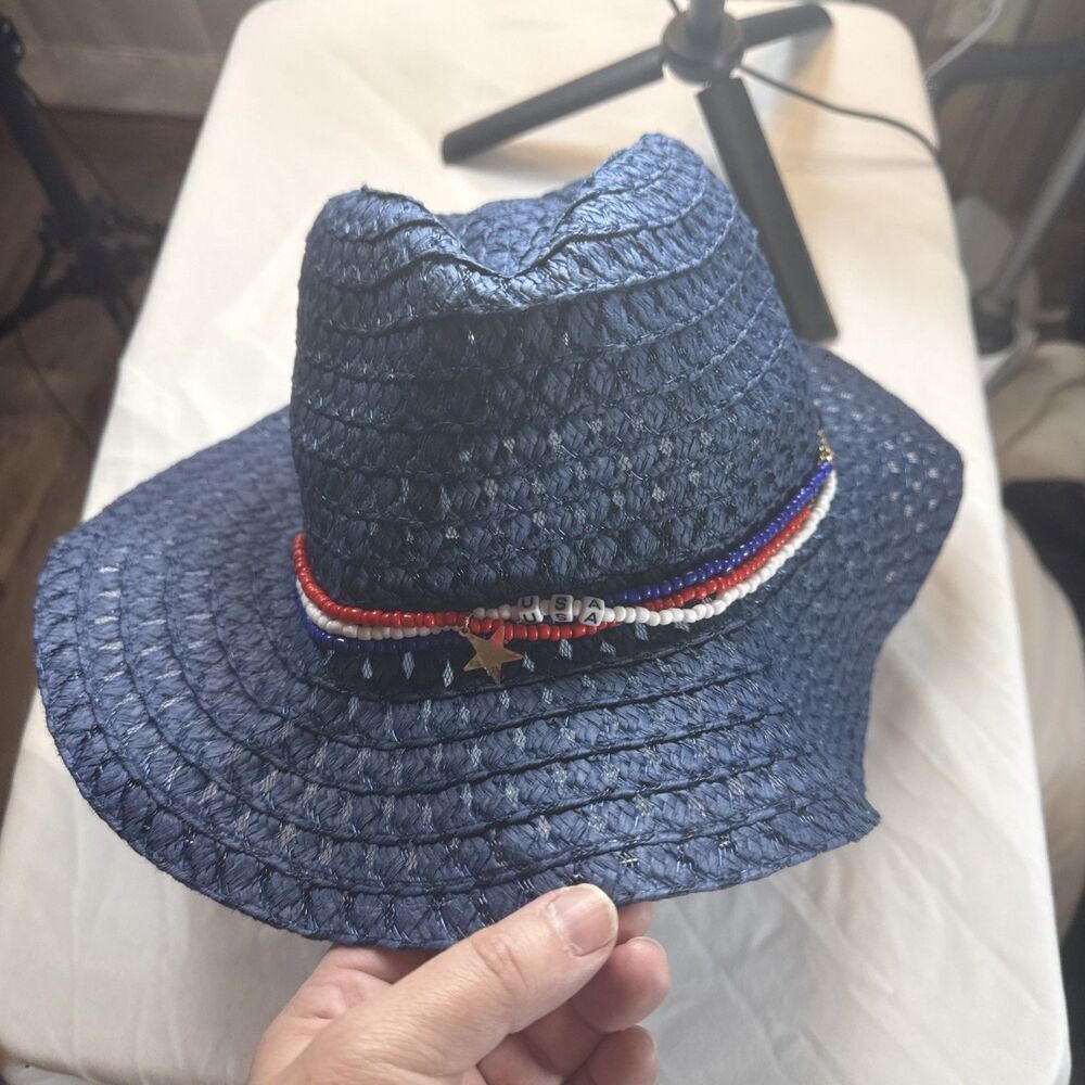 SHEIN Navy Blue Straw Hat Red White And Blue Bead Accents USA NWOT - Picture 2 of 12